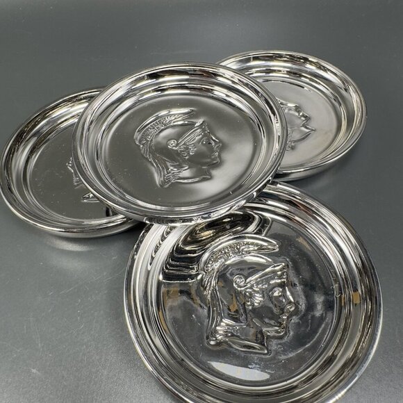MCM Kimiko Silver Glass Tone Metal Coasters Guardian Crest Barware Set 4 Japan - Picture 7 of 12